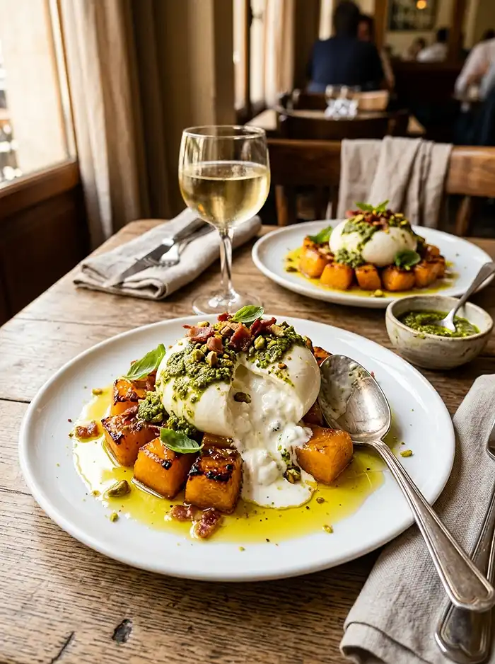Burrata sur Melon Rôti au Miel, Pesto de Pistache 5 Recette Burrata sur Melon Rôti au Miel, Pesto de Pistache & Lard Croustillant