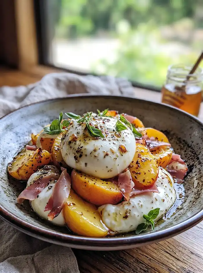 Burrata sur Pêches de Vigne Rôties au Miel de Lavande 5 Recette Burrata sur Pêches de Vigne Rôties au Miel de Lavande & Crumble de Jambon de Parme