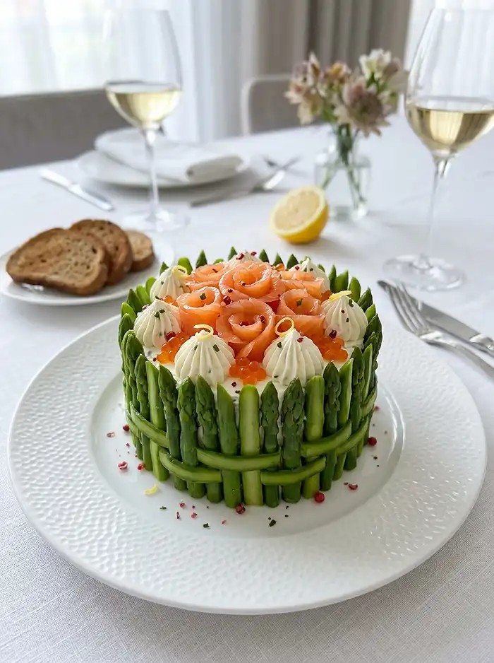 Recette Charlotte Salée Trompe-l'Œil Saumon Fumé, Asperges Vertes & Crème Ciboulette-Citron