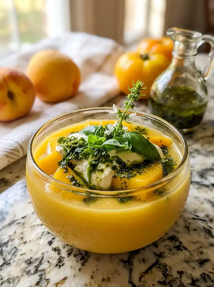 Gaspacho Pêche-Tomate Jaune Crémeux 5 Recette Gaspacho Pêche-Tomate Jaune, Quenelle de Ricotta Fouettée & Huile de Basilic