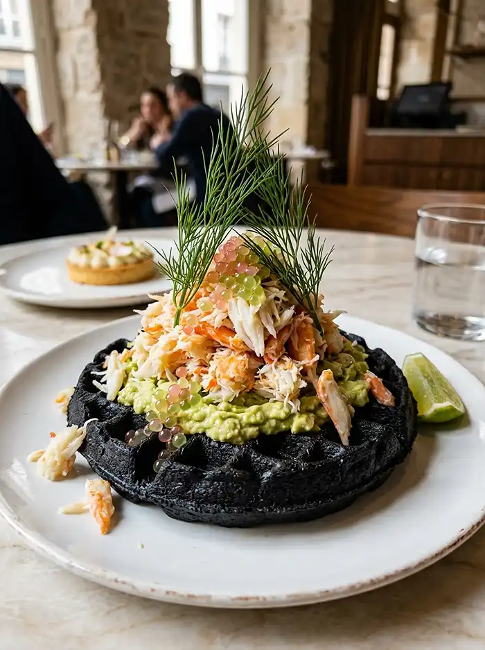 Gaufre Noire à l'Encre de Seiche 5 Recette Gaufre Noire à l’Encre de Seiche, Chair de Crabe, Avocat au Yuzu & Citron Caviar