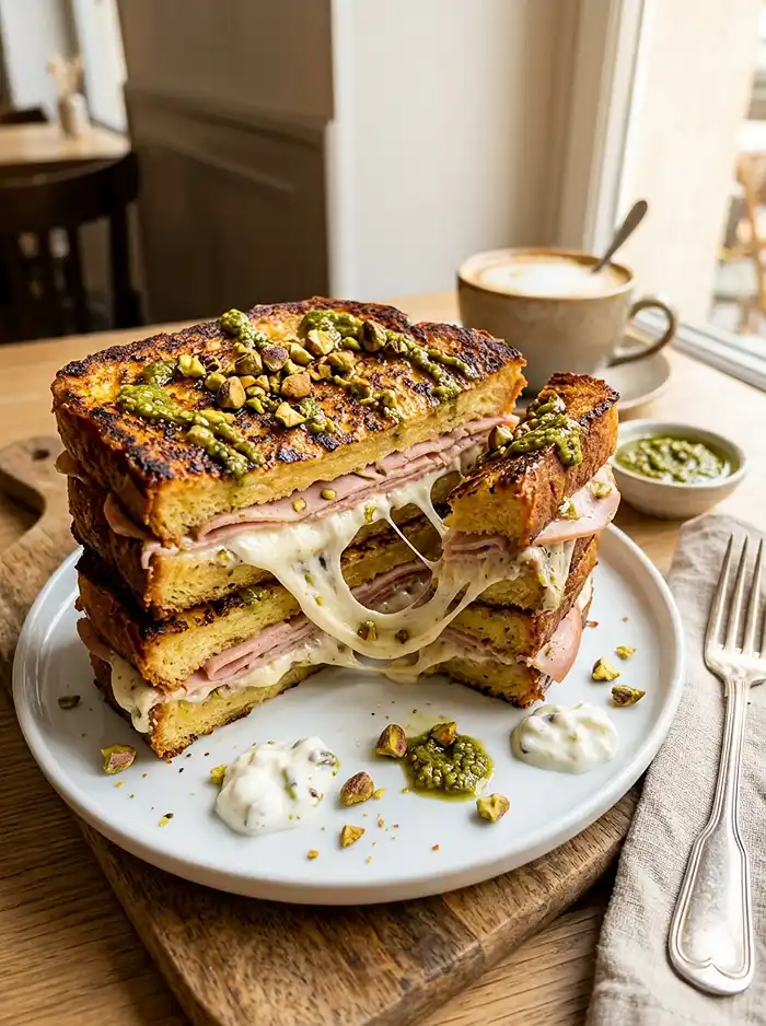 Recette Pain Perdu Salé à la Mortadelle, Cœur Stracciatella & Pesto de Pistache