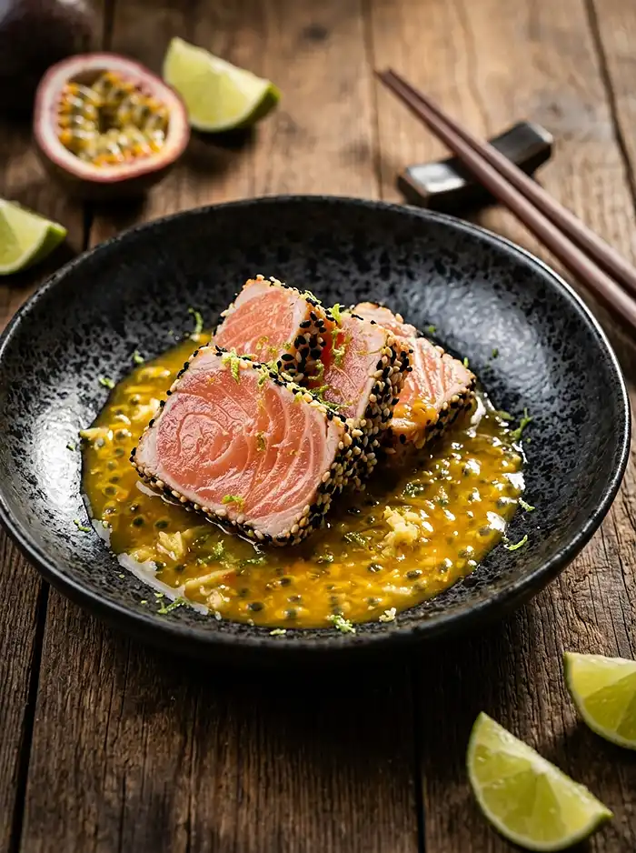 Le Secret de mon Tataki de Saumon au Gingembre 5 Recette Tataki de saumon au gingembre et vierge de fruit de la passion