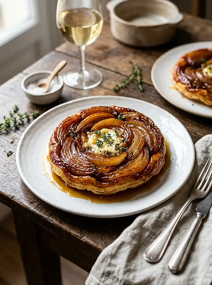 Recette Tatin d’Échalotes Confites au Miel & Bûche de Chèvre Fondante