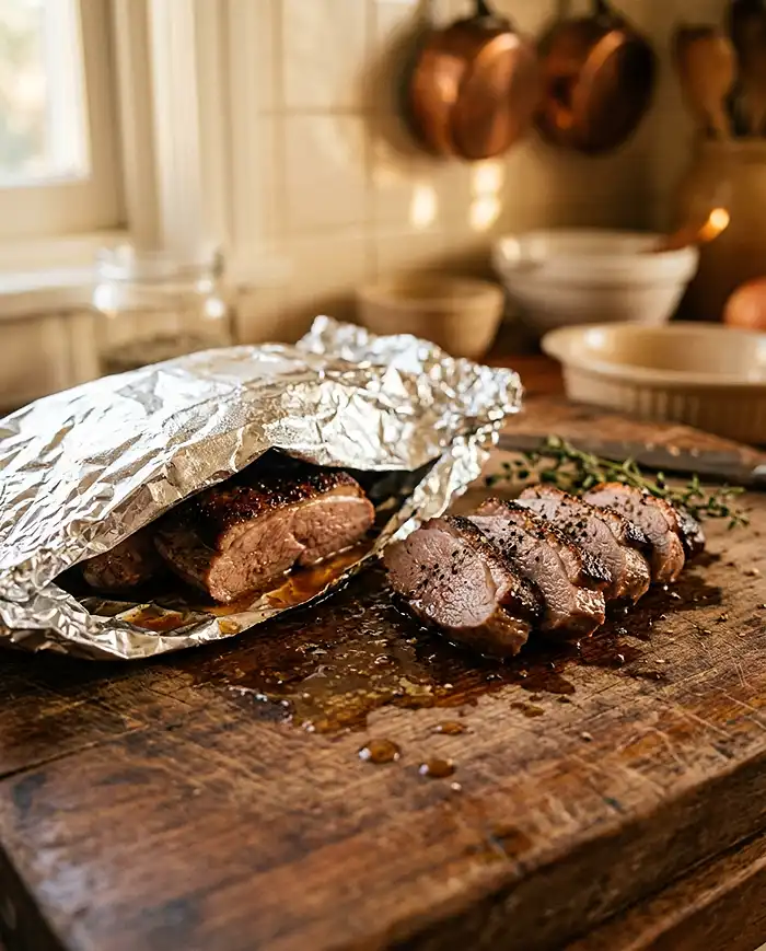 Recettes Aiguillettes de Canard 8 Aiguillettes de canard au repos sous papier aluminium après cuisson