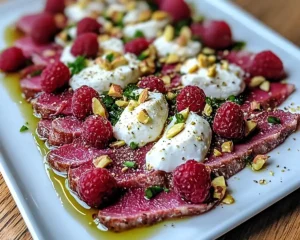 Carpaccio de Canard Fumé, Feta Fouettée Pistache & Framboises