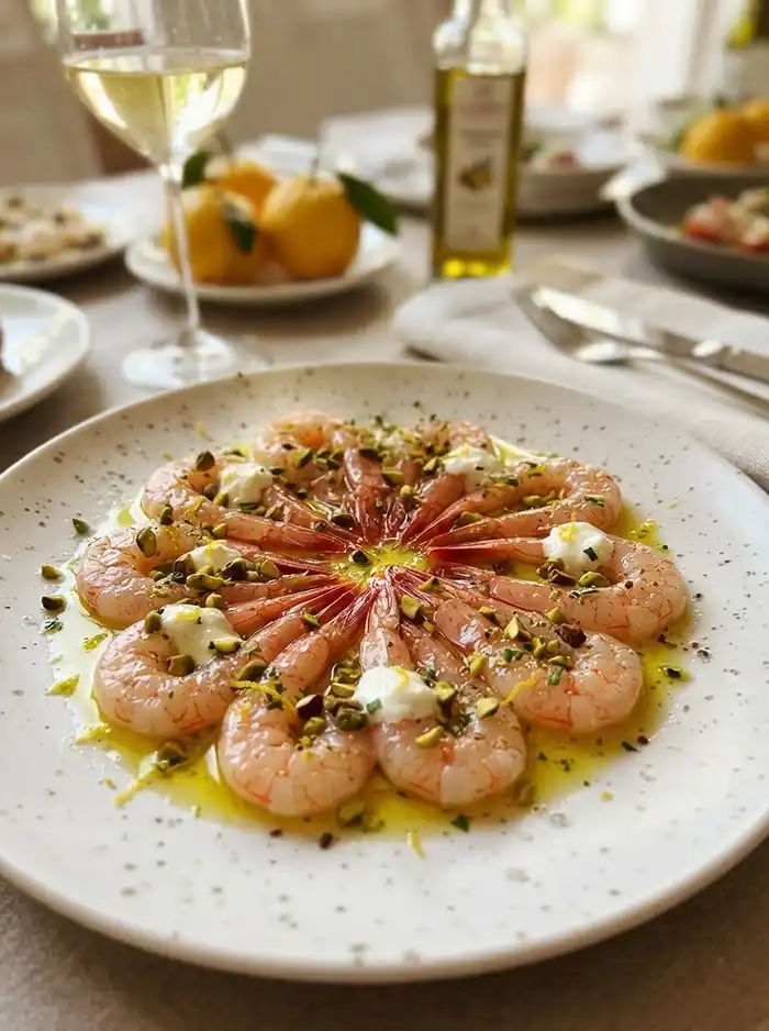 Carpaccio de Gambero Rosso 5 Carpaccio de Gambero Rosso, Stracciatella, Pistaches & Zestes de Yuzu