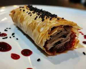 Cigare Croustillant au Confit de Canard, Ketchup de Cerise & Cendre de Sésame