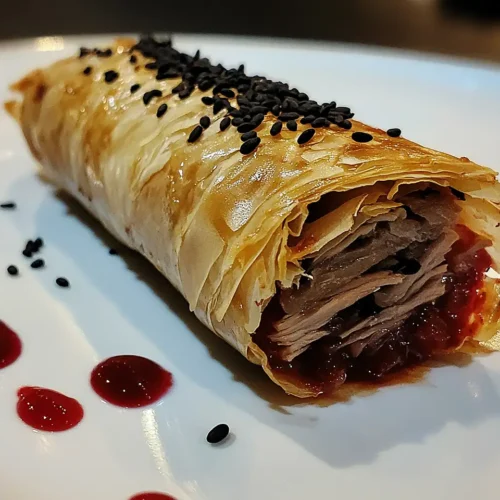 Cigare Croustillant au Confit de Canard, Ketchup de Cerise & Cendre de Sésame