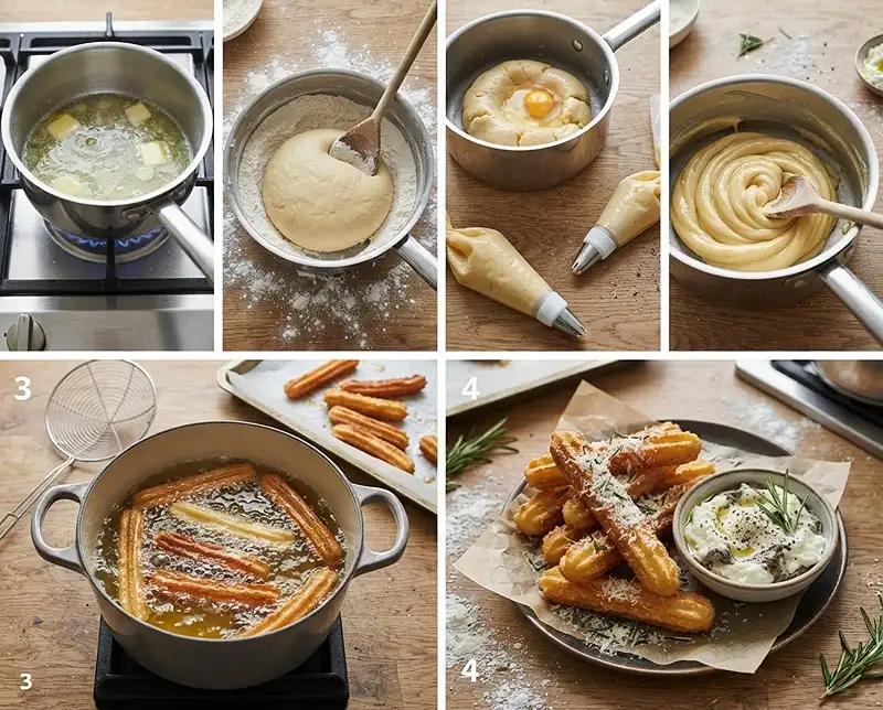 Comment preparer Churros Salés au Parmesan et Trempette Burrata