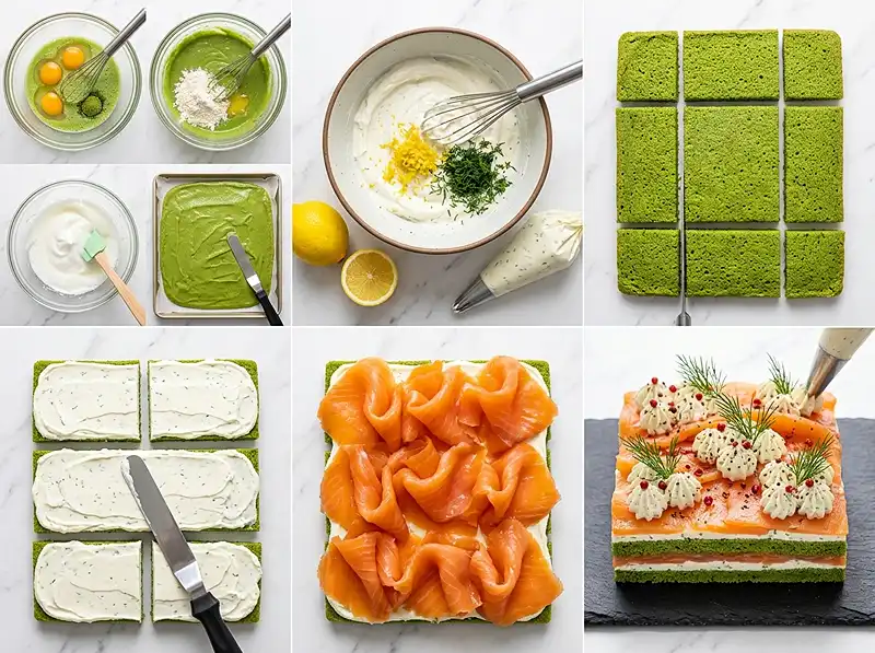 Comment preparer Opéra Salé au Saumon Fumé, Biscuit Matcha & Crème Citron-Aneth