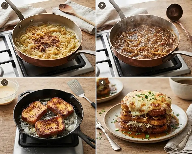Comment preparer Pain Perdu Salé Soupe à l'Oignon, Dôme de Gruyère Filant