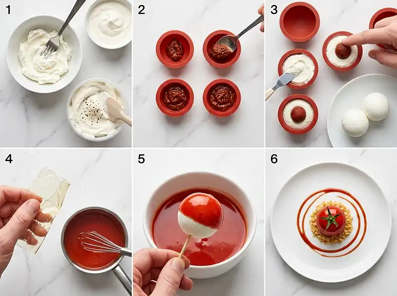 Comment preparer Trompe-l'Œil Tomate Cerise Mousse de Chèvre, Cœur Pesto Rosso & Glaçage Miroir