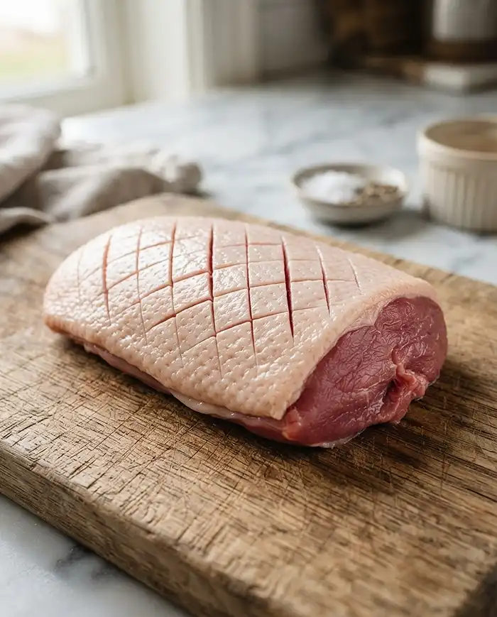 Filet de canard cru avec peau quadrillée prêt à être assaisonné avant cuisson.