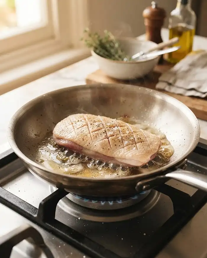 Filet de canard en cuisson côté peau dans une poêle pour faire fondre la graisse doucement