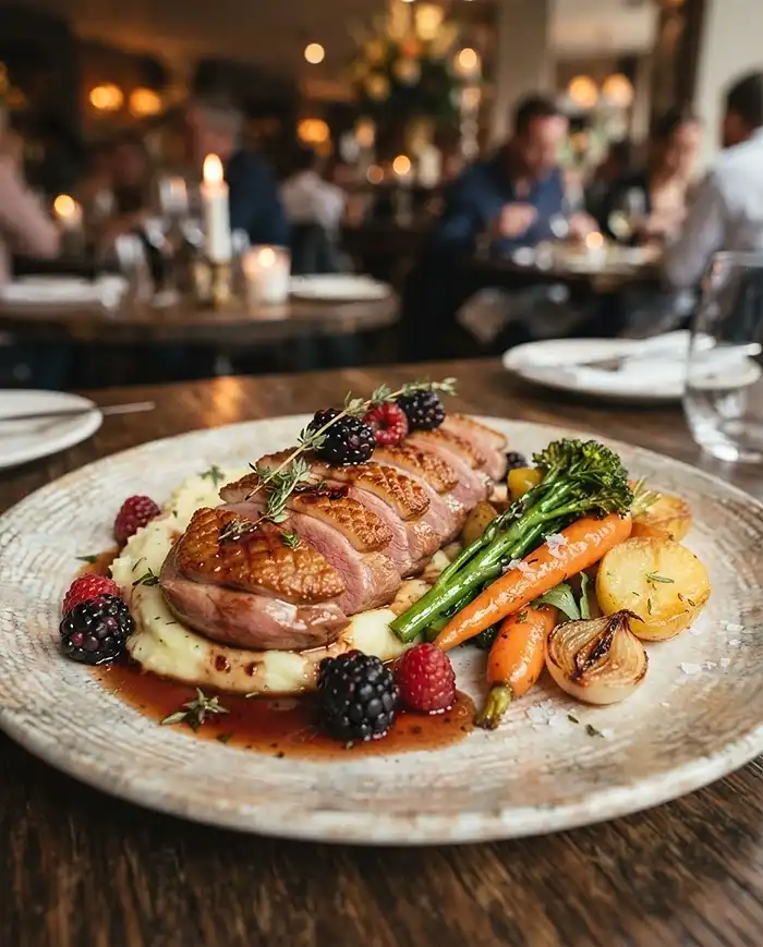 Filet de canard rosé servi avec une sauce brillante et un accompagnement de légumes. recettes de filet de canard