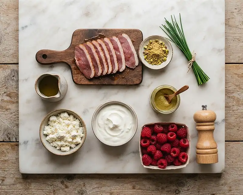 Les ingrédients pour Carpaccio de Canard Fumé, Feta Fouettée Pistache & Framboises