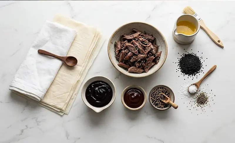 Les ingrédients pour Cigare Croustillant au Confit de Canard, Ketchup de Cerise & Cendre de Sésame