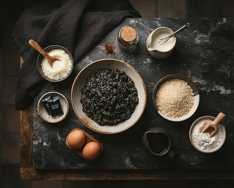 Arancini Éclipse Irrésistibles 3 Les ingrédients pour L'Arancini Éclipse (Noir à l'Encre de Seiche, Cœur d'Or au Safran)