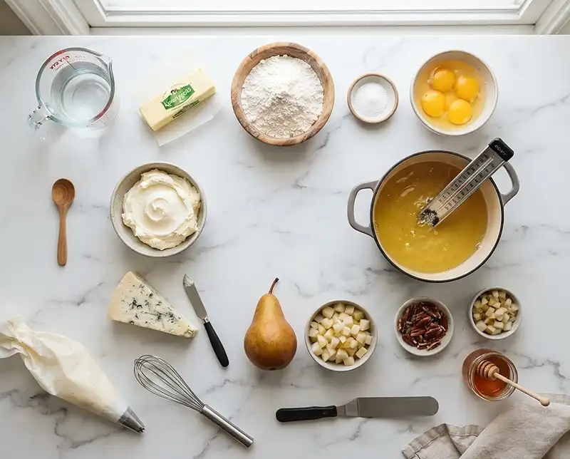 Les ingrédients pour L'Éclair Salé Inversé au Gorgonzola & Poire