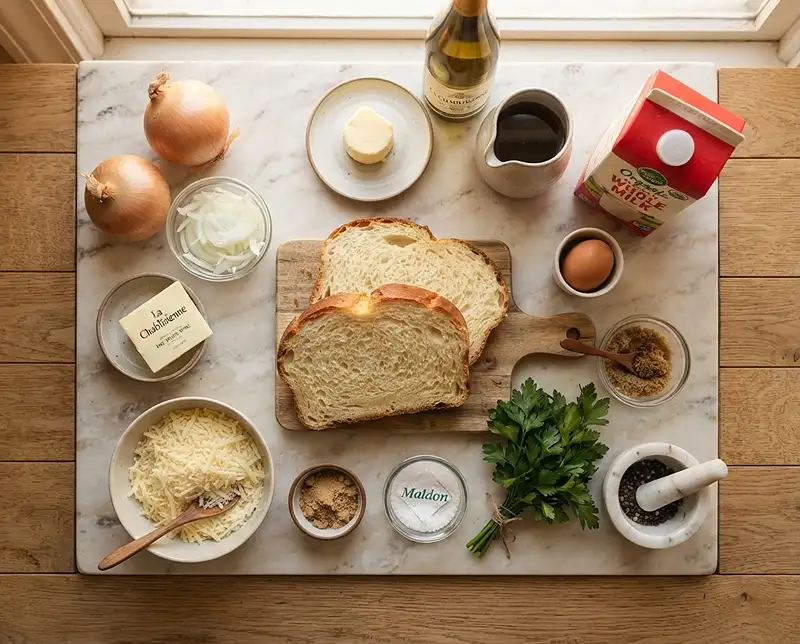 Les ingrédients pour Pain Perdu Salé Soupe à l'Oignon, Dôme de Gruyère Filant