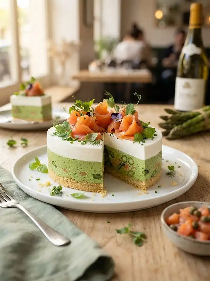 Bavarois Salé Gourmand : Mousse d'Asperges Vertes 5 Recette Bavarois Salé Mousse d'Asperges Vertes, Insert Saumon Gravlax & Sablé Parmesan