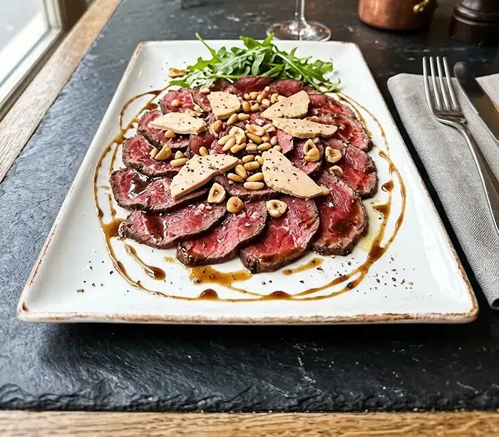 Carpaccio de Bœuf Truffé et Foie Gras 5 Recette Carpaccio de Bœuf Truffé, Copeaux de Foie Gras, Vinaigrette Noisette & Pignons