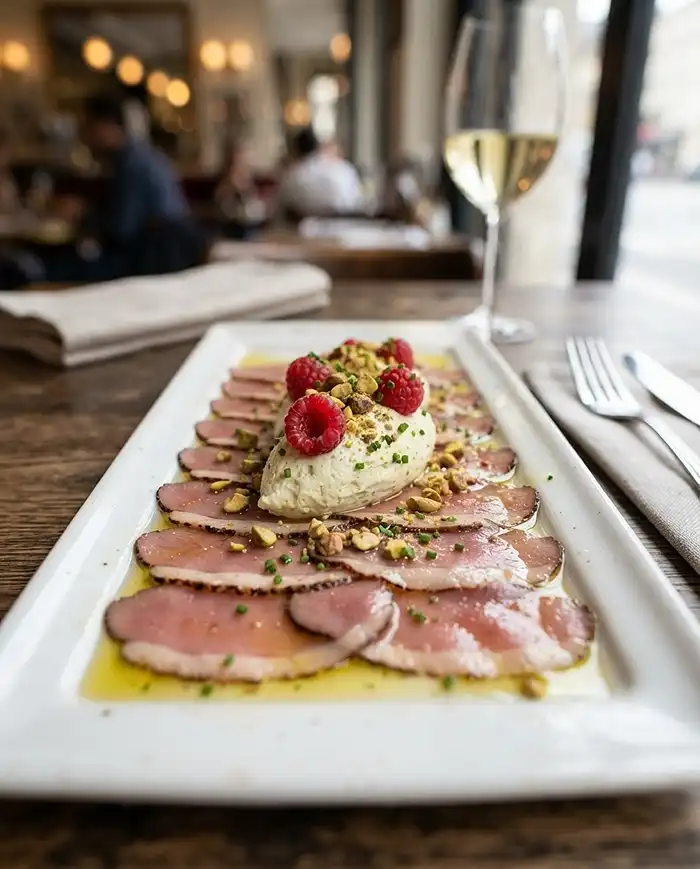 Recette Carpaccio de Canard Fumé, Feta Fouettée Pistache & Framboises