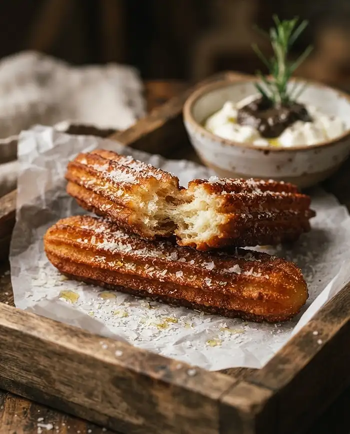 Recette Churros Salés au Parmesan et Trempette Burrata