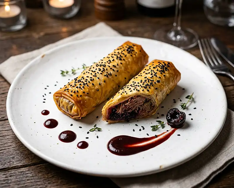 Recette Cigare Croustillant au Confit de Canard, Ketchup de Cerise & Cendre de Sésame