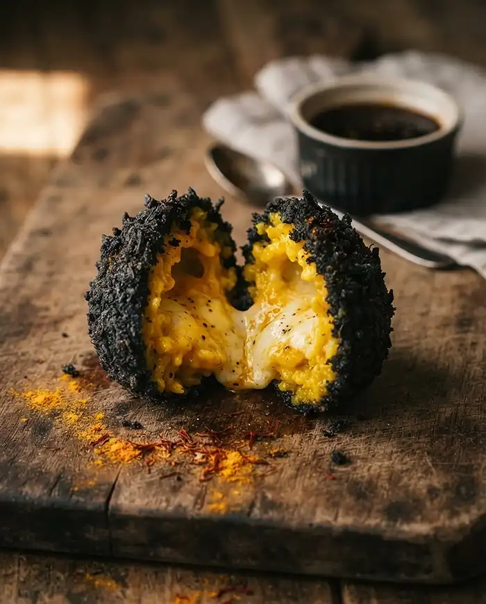 Arancini Éclipse Irrésistibles 5 Recette L'Arancini Éclipse (Noir à l'Encre de Seiche, Cœur d'Or au Safran)
