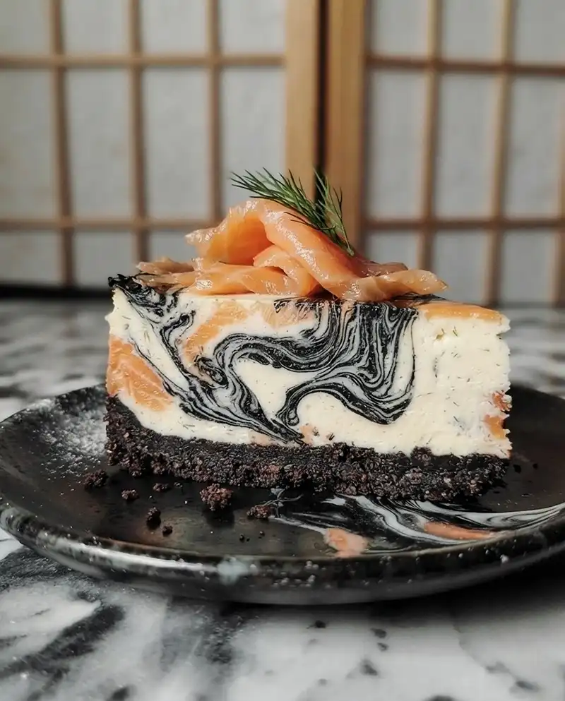 Cheesecake Salé Marbré Saumon & Encre de Seiche 5 Recette Le Cheesecake Salé Marbré Saumon Fumé, Aneth & Encre de Seiche