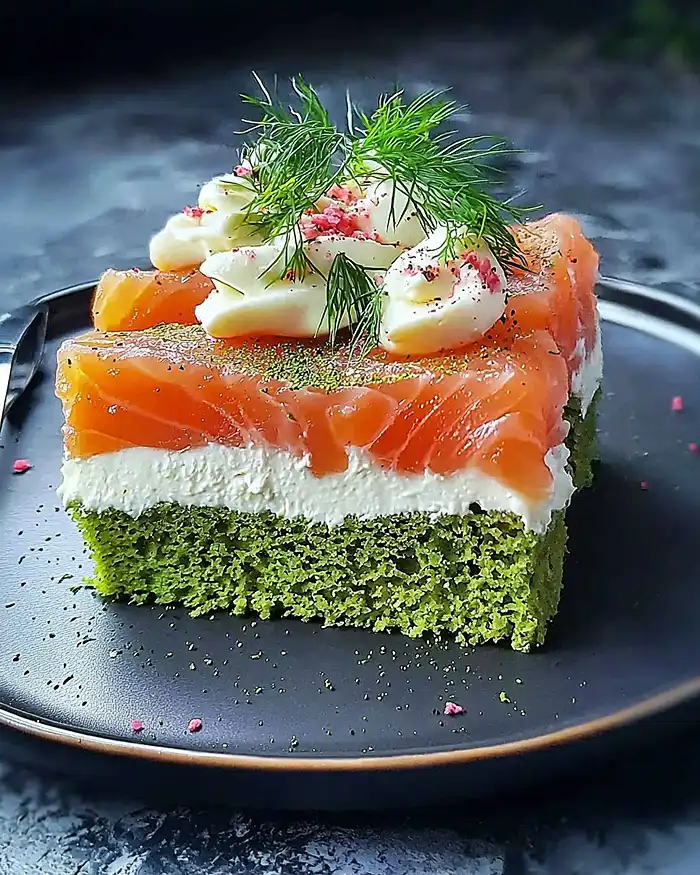Recette Opéra Salé au Saumon Fumé, Biscuit Matcha & Crème Citron-Aneth