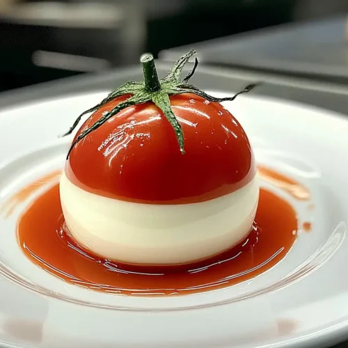 Recette Trompe-l'Œil Tomate Cerise Mousse de Chèvre, Cœur Pesto Rosso & Glaçage Miroir