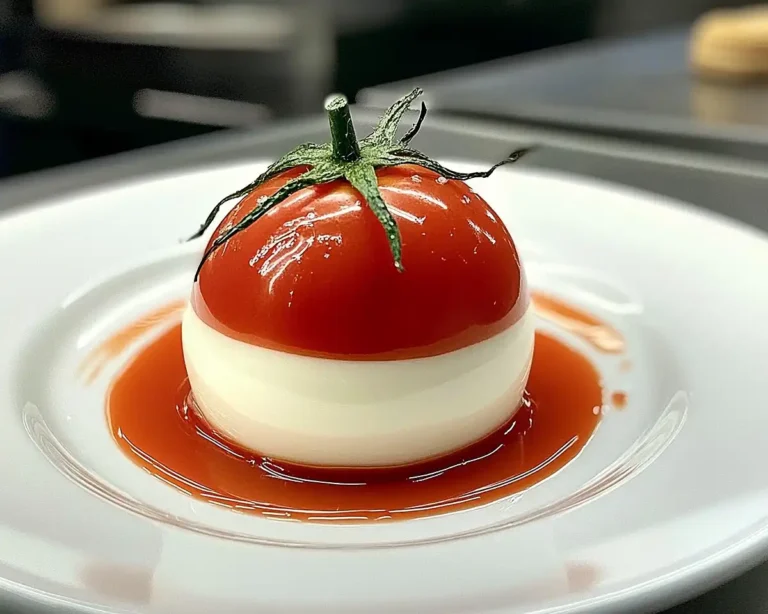 Recette Trompe-l'Œil Tomate Cerise Mousse de Chèvre, Cœur Pesto Rosso & Glaçage Miroir