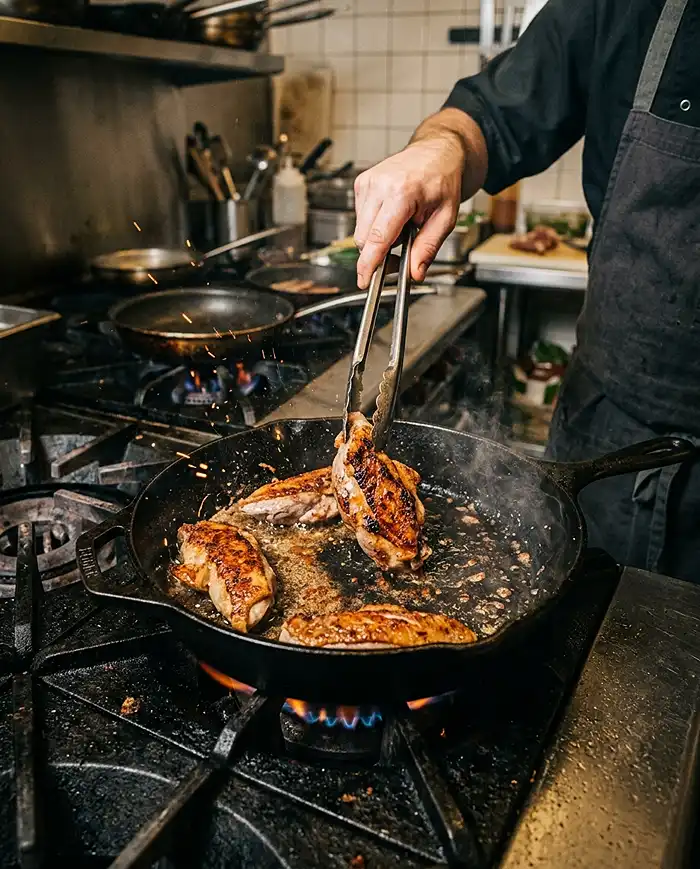Recettes Aiguillettes de Canard 2 Saisie d'aiguillettes de canard à feu vif dans une poêle en fonte