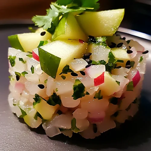 Tartare de Daurade à la Pomme Granny Smith 2 Tartare de Daurade à la Pomme Granny Smith, Lait de Tigre Coco & Huile de Sésame