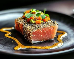 Tataki de Thon Rouge en Croûte de Pistache, Mousseline de Carotte-Gingembre