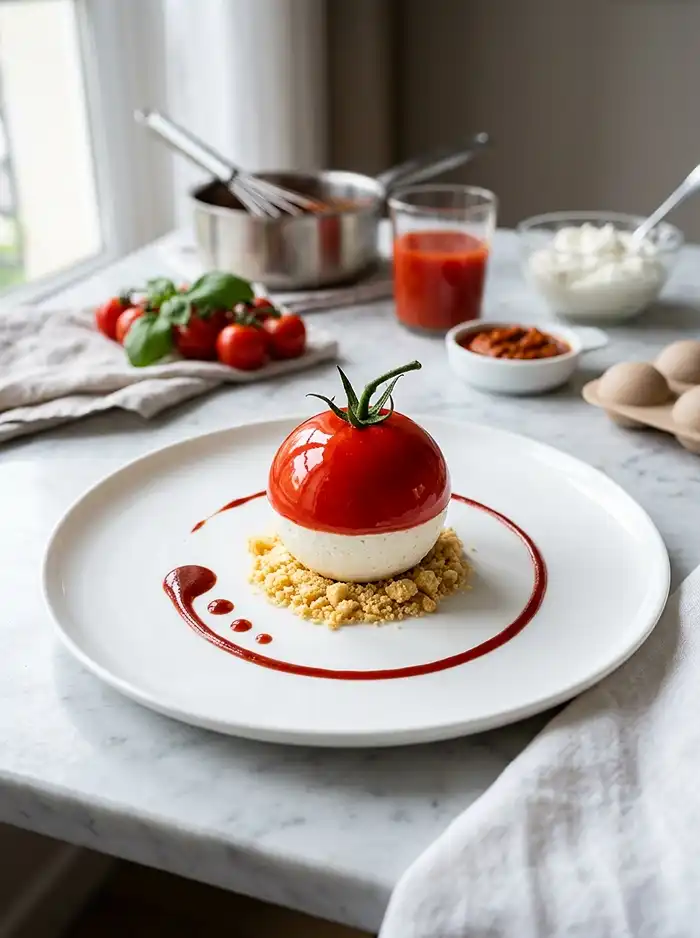 Trompe-l'Œil Tomate Cerise Mousse de Chèvre, Cœur Pesto Rosso & Glaçage Miroir
