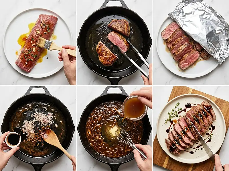 comment preparer Filet de Veau (ou Bœuf) façon Pluma, Jus Corsé au Balsamique et Purée Mousseline
