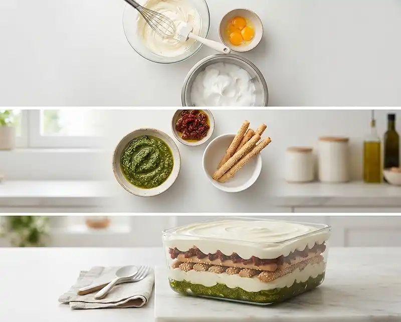 Comment preparer Tiramisu Salé au Pesto, Tomates Séchées & Pignons