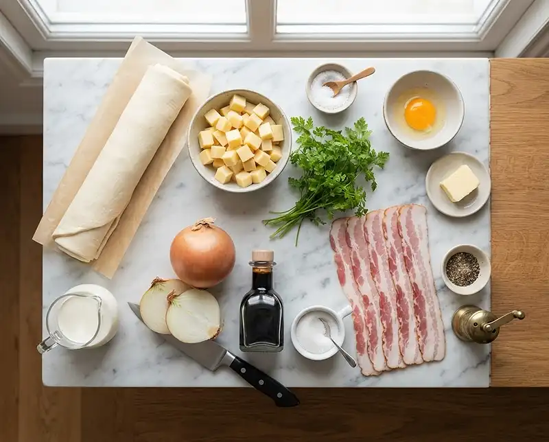 Les ingrédients pour Le Croissant New York Roll Salé Raclette Fondante & Oignons Confits
