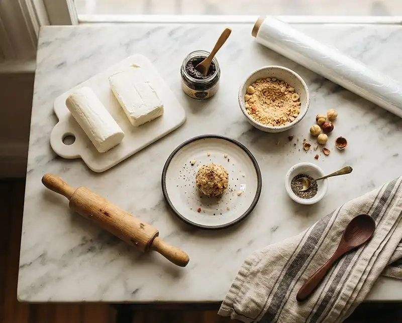 Le Ferrero Salé : Truffe, Chèvre & Éclats de Noisettes Torréfiées 3 Les ingrédients pour Le Ferrero Salé Truffe, Chèvre & Éclats de Noisettes Torréfiées