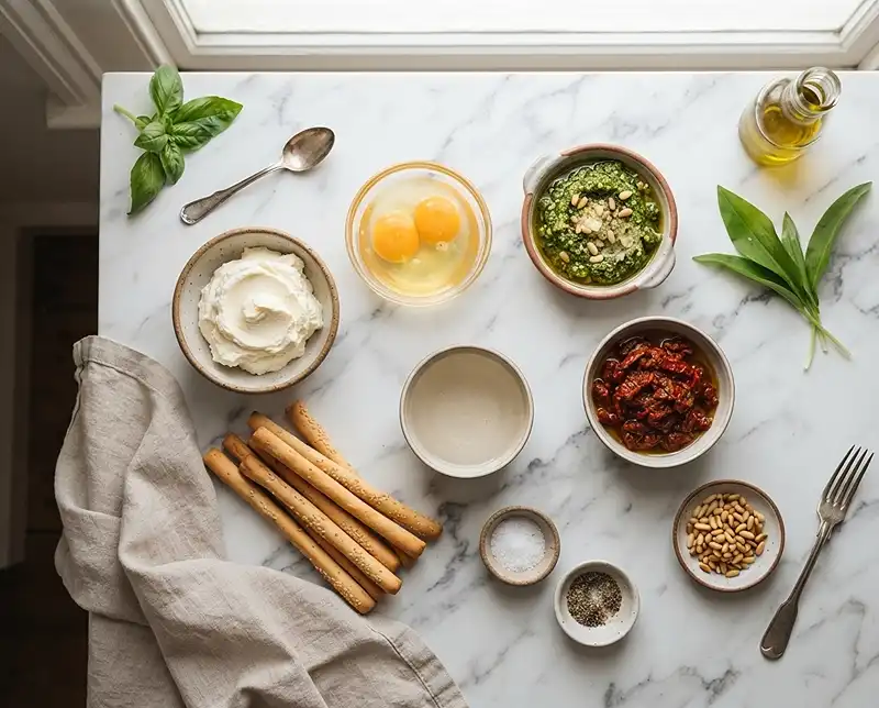 Les ingrédients pour Tiramisu Salé au Pesto, Tomates Séchées & Pignons