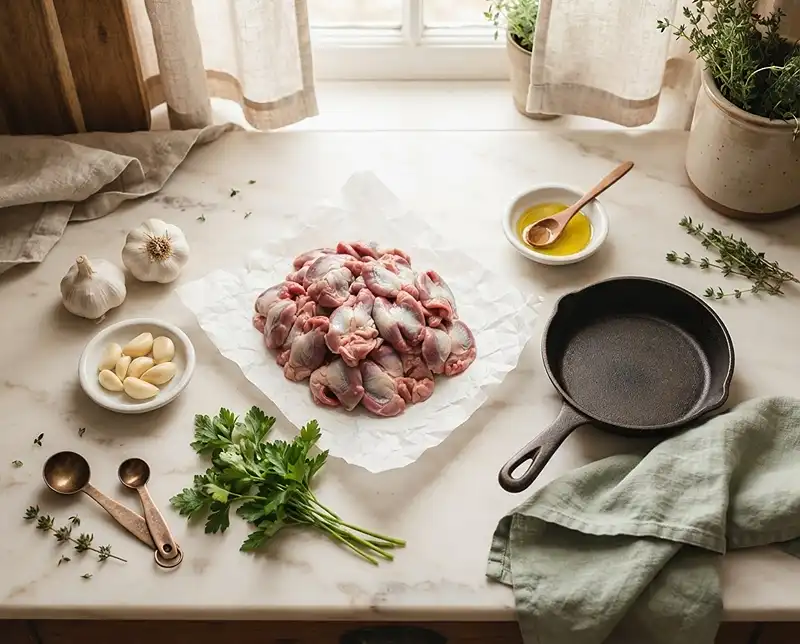 Les ingrédients pour recette gésiers de canard frais à la poêle