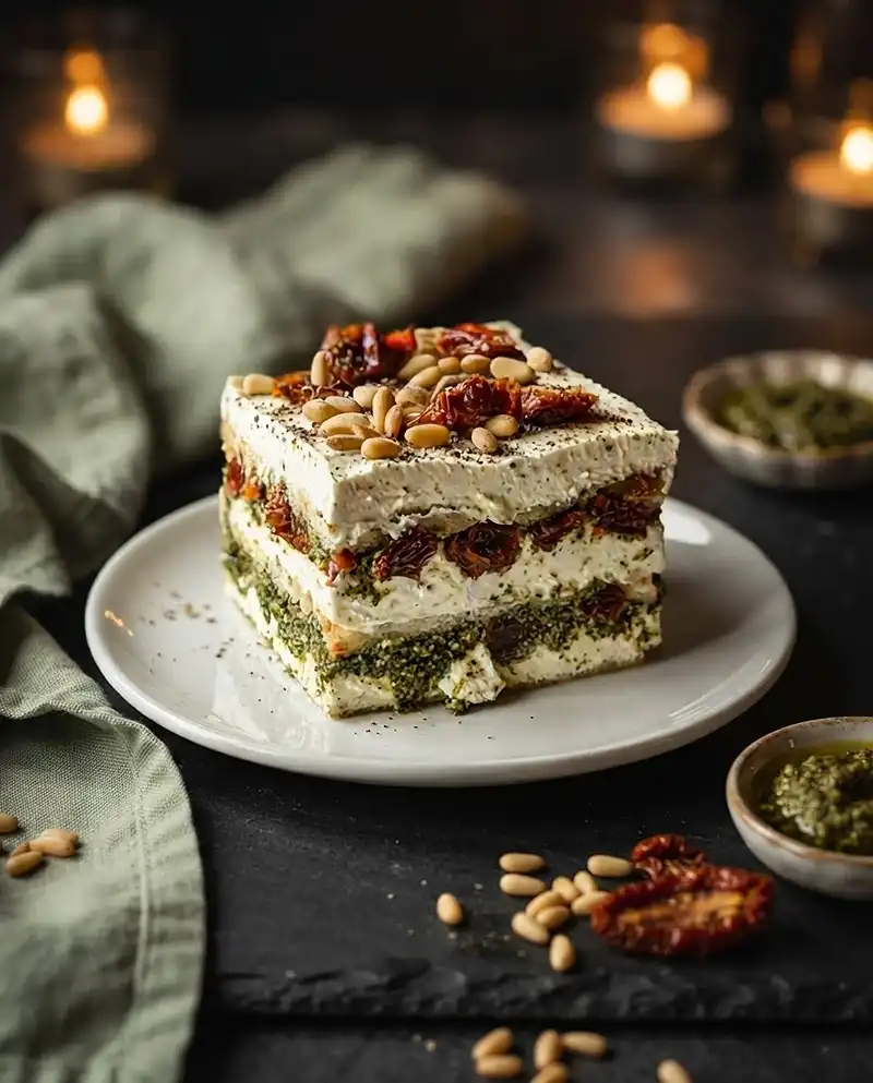 Recette Tiramisu Salé au Pesto, Tomates Séchées & Pignons