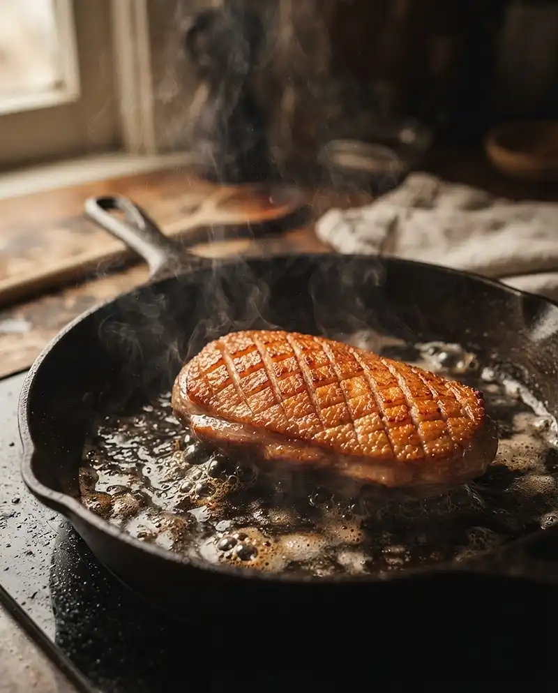 Recettes de Canard 3 Peau de magret de canard quadrillée en croisillons saisie dans une poêle en fonte